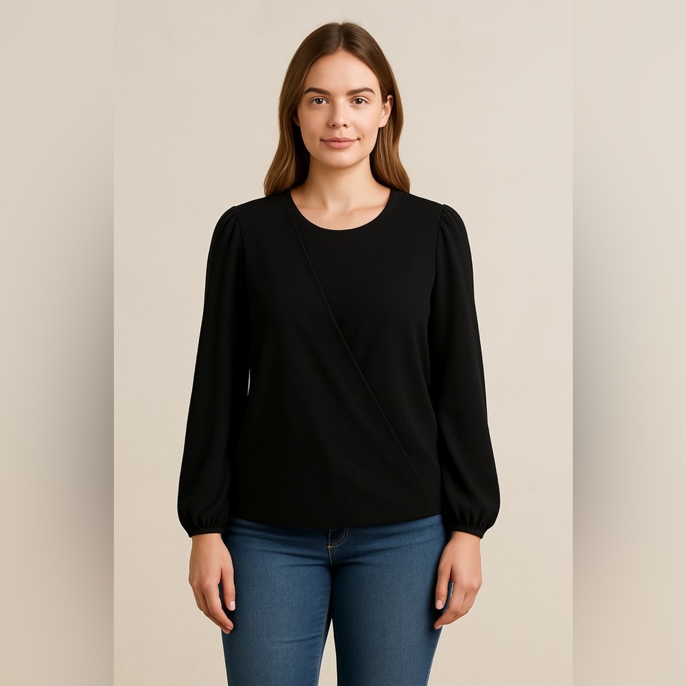 Zara  Black Crossover Faux Wrap Balloon Sleeve Top Size Medium